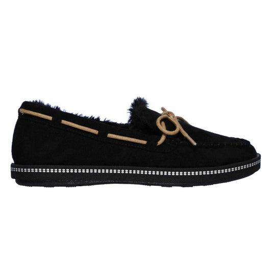 Black - Front - Skechers Womens-Ladies Cozy Faux Suede Flat Moccasin Slippers