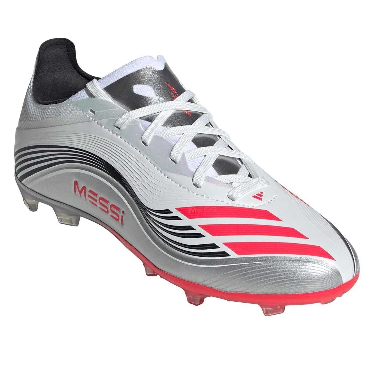White-Red - Pack Shot - Adidas Childrens-Kids F50 Messi Elite Firm Ground Football Boots
