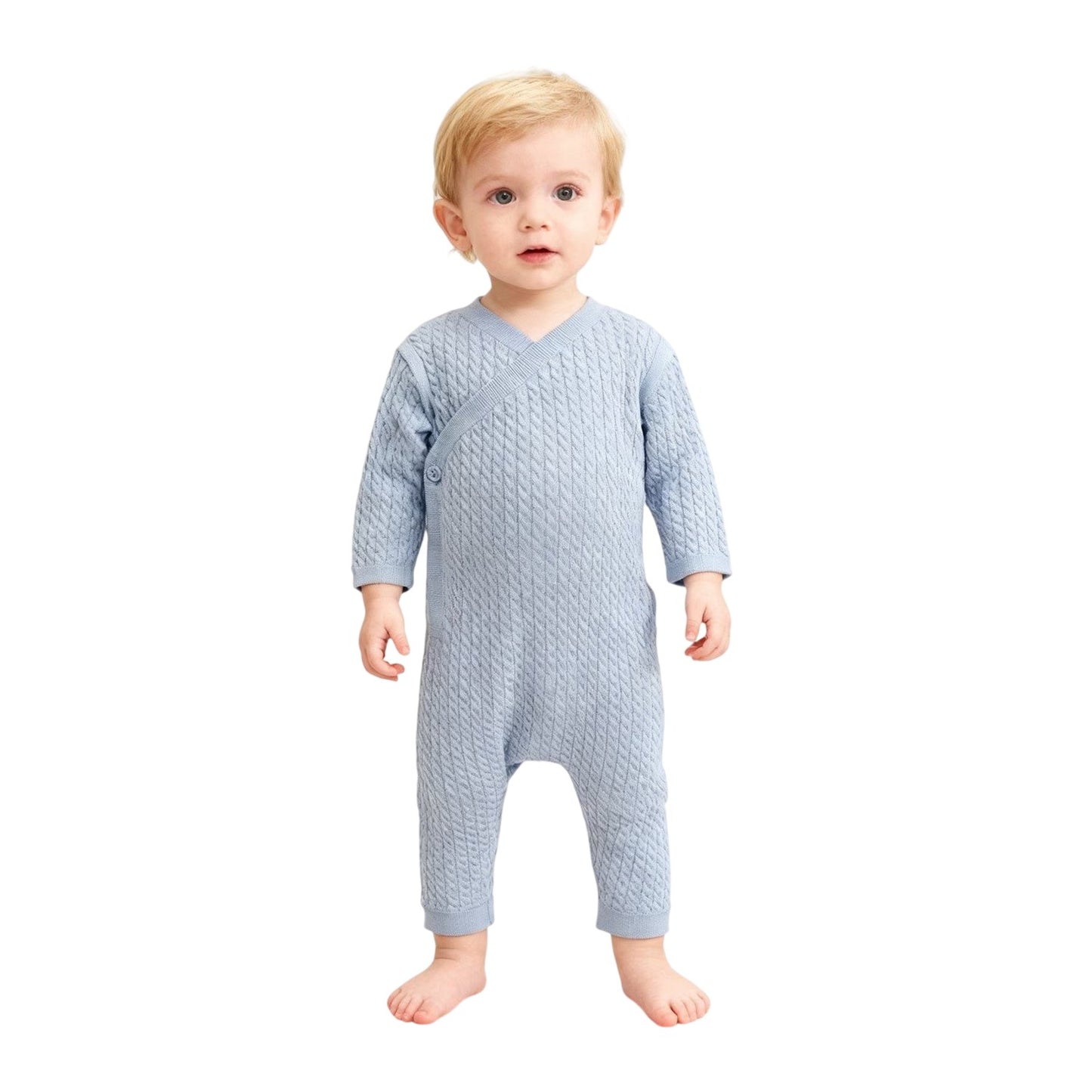 Blue - Side - Pretty Green Baby Cable Knit Long-Sleeved Sleepsuit