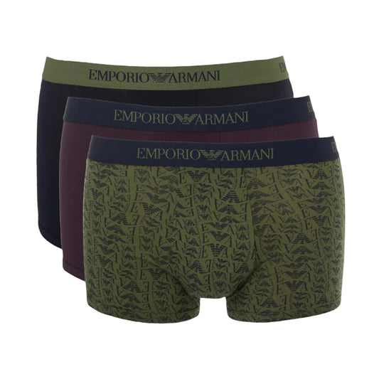Khaki Green-Maroon-Black - Front - Emporio Armani Mens Cotton Boxer Shorts (Pack of 3)