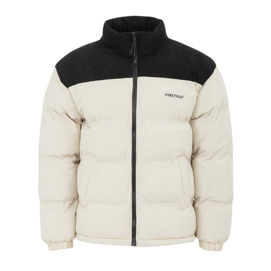 Beige - Front - Firetrap Mens Colour Block Corduroy Quilted Puffer Jacket