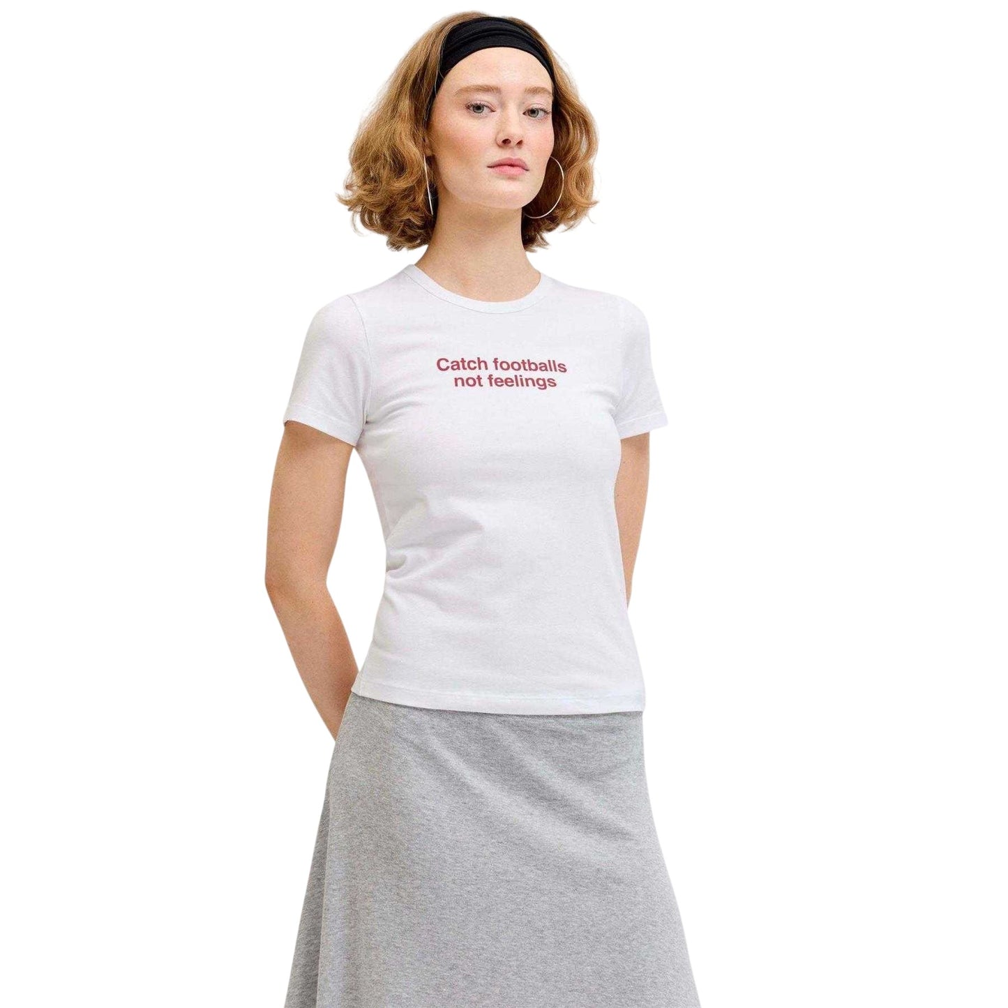 Bright White - Lifestyle - JJXX Womens-Ladies Catch Footballs Not Feelings Cotton Blend T-Shirt