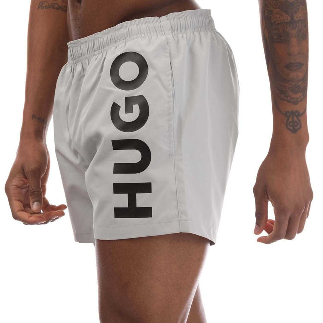 Grey - Side - Hugo Mens Abas Logo Swim Shorts