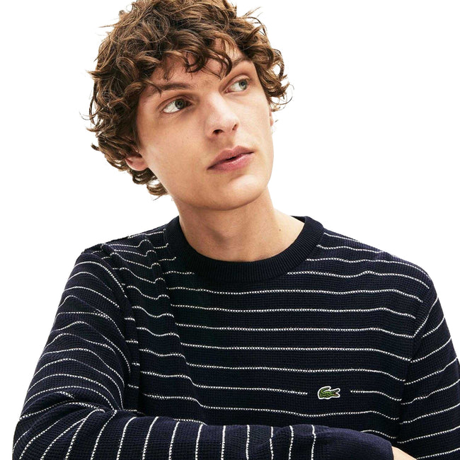Navy - Side - Lacoste Mens Textured Stripe Cotton Sweatshirt