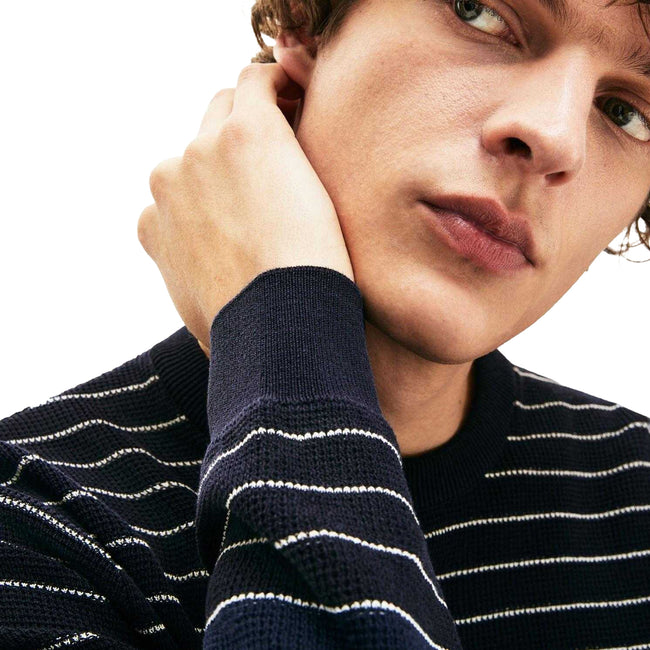 Navy - Lifestyle - Lacoste Mens Textured Stripe Cotton Sweatshirt
