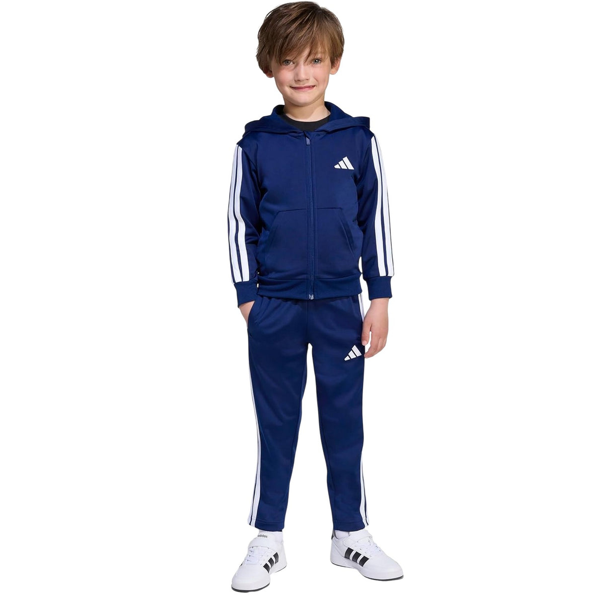 Navy-White - Lifestyle - Adidas Childrens-Kids 3 Stripes Two Piece Long-Sleeved Tracksuit