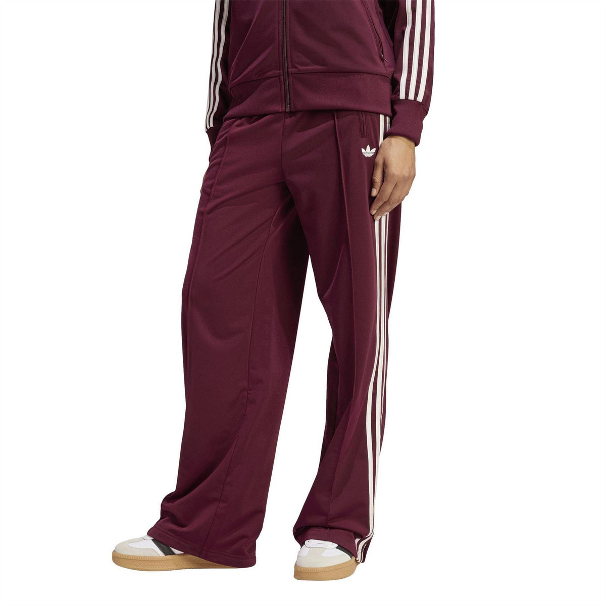 Maroon - Pack Shot - Adidas Womens-Ladies Firebird Polyester 3 Stripes Loose Tracksuit Bottoms