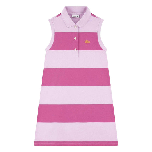 Pink - Front - Lacoste Girls Striped Polo Shirt Dress