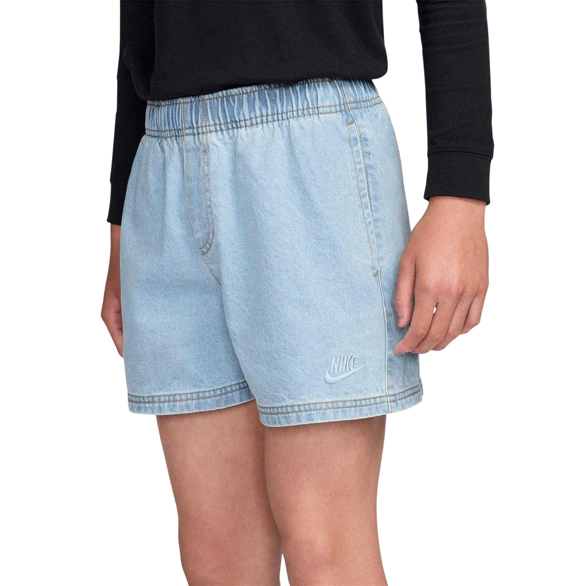 Light Blue - Side - Nike Childrens-Kids Denim Embroidered Logo Shorts