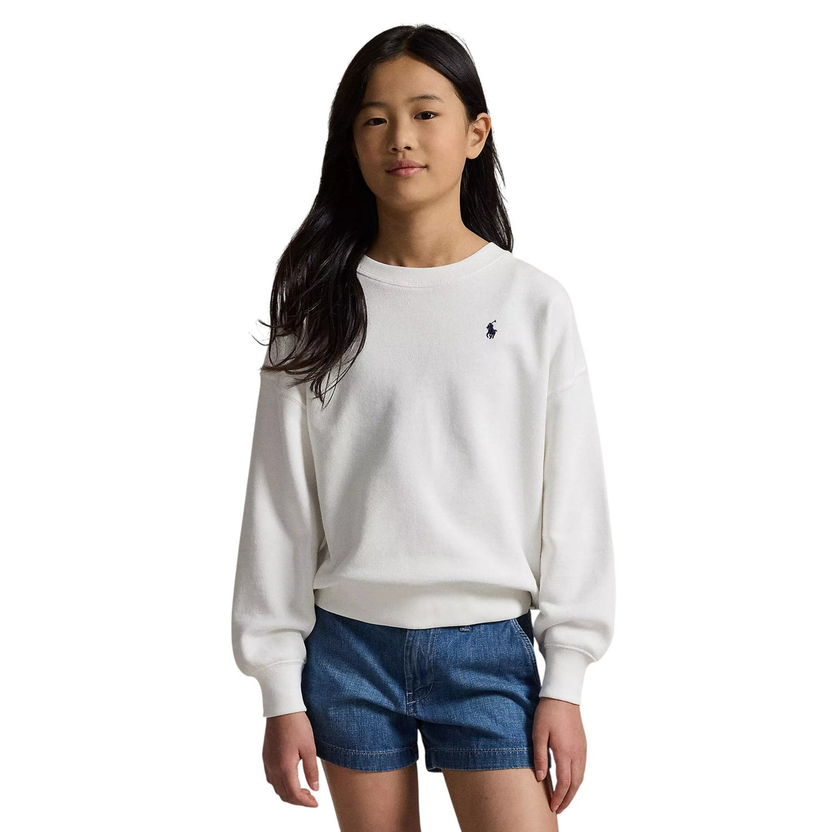 White - Pack Shot - Ralph Lauren Childrens-Kids Back Logo Crew Neck Sweatshirt
