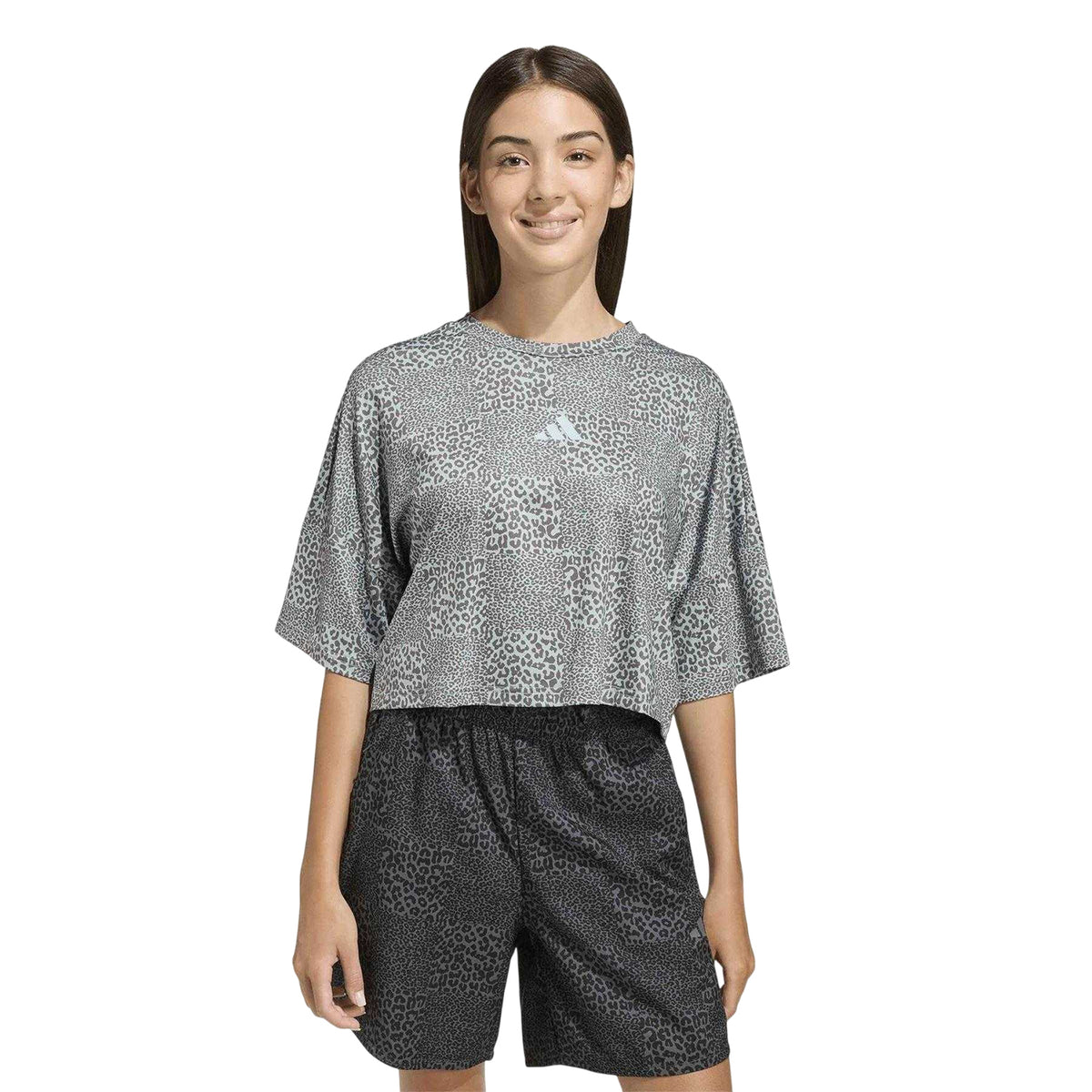 Sage-Charcoal - Side - Adidas Girls Leopard Print Crop Top