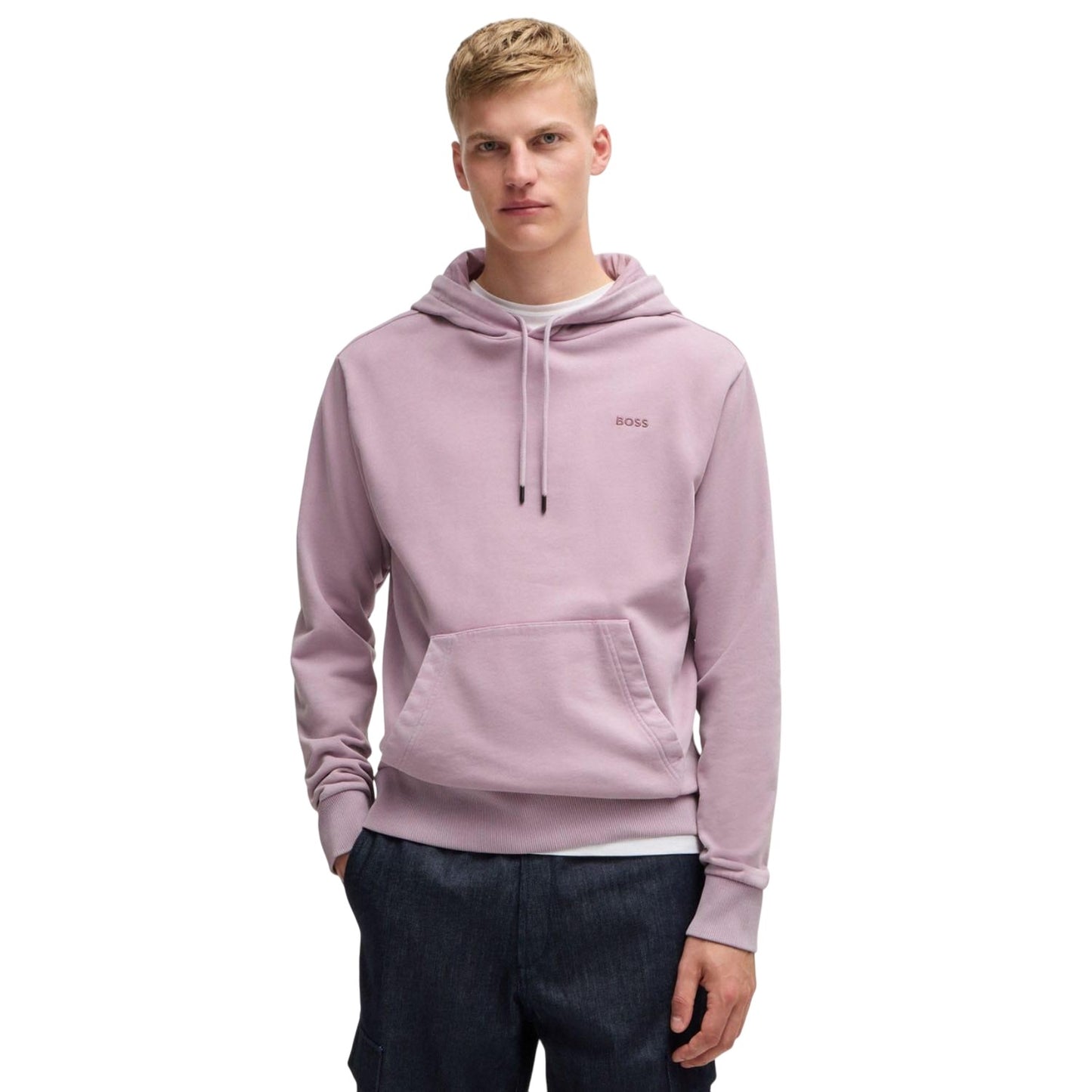 Purple - Lifestyle - Boss Mens Embroidered Logo Peached Hoodie