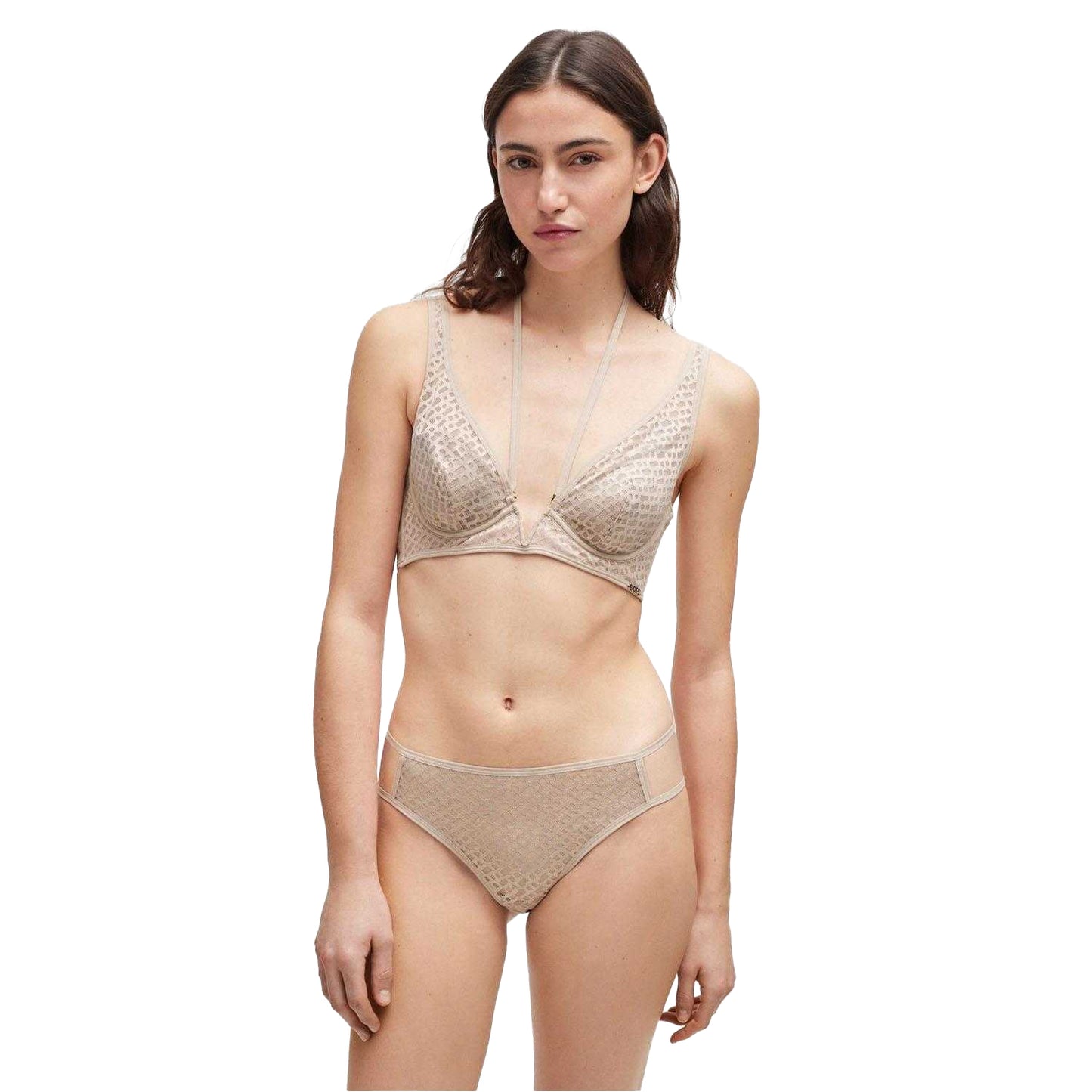 Beige - Lifestyle - Boss Womens-Ladies Monogram Lace Detail Bra