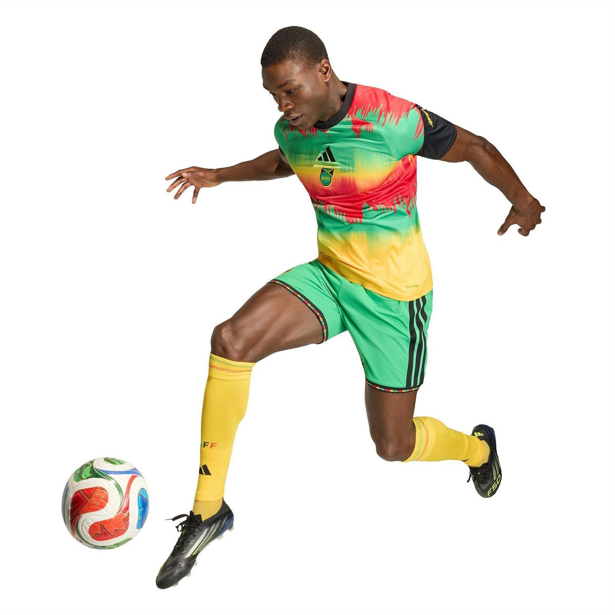 Gold-Green - Pack Shot - Adidas Mens 2026 Pre Match Jamaica Contrast Panel Football Shirt