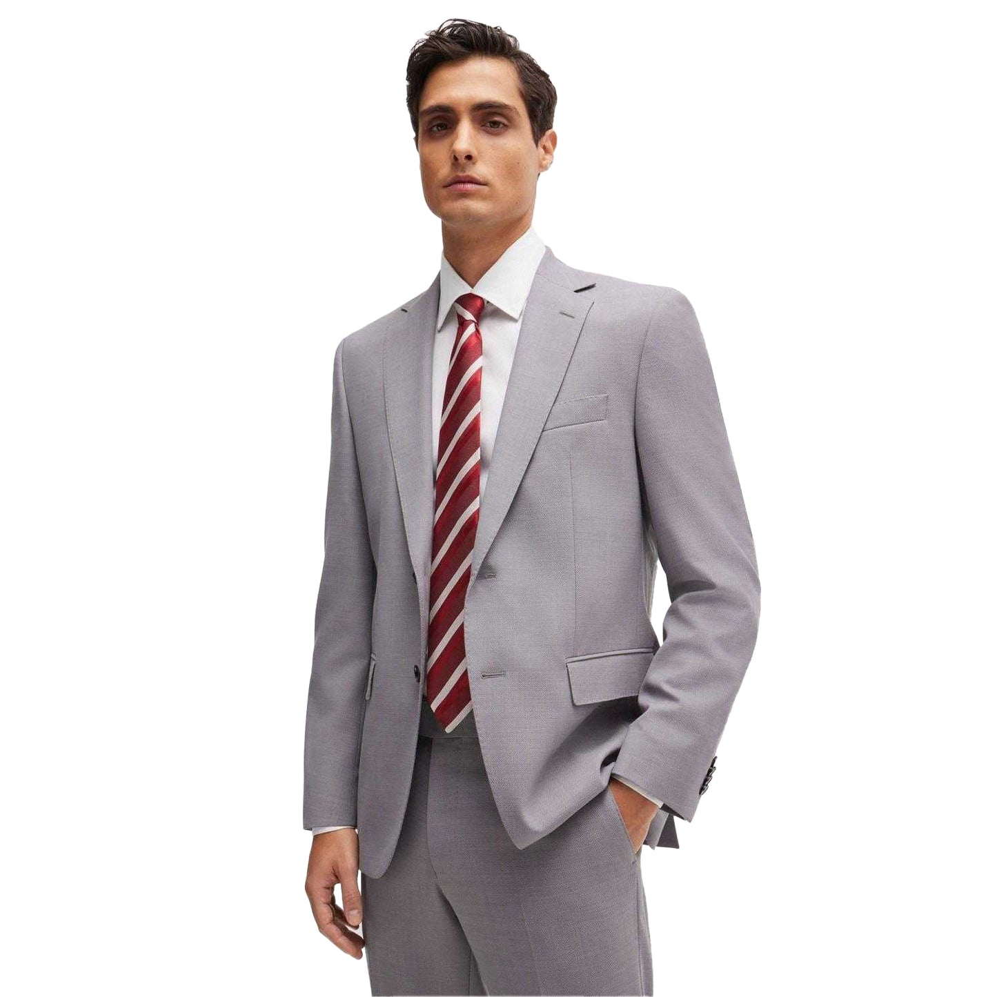 Red - Side - Boss Striped Silk Jacquard Tie