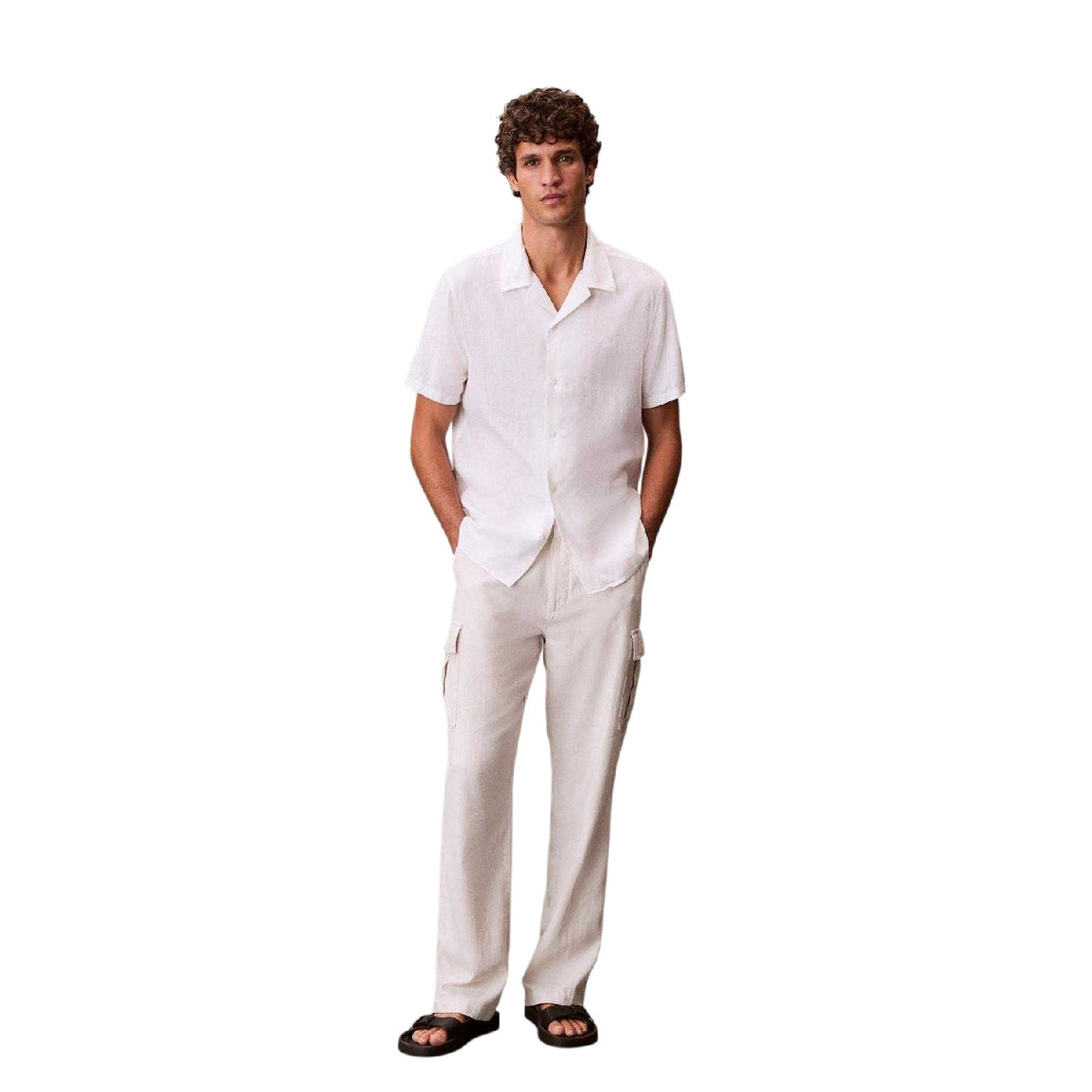 Brilliant White - Lifestyle - Calvin Klein Mens Linen Blend Short-Sleeved Shirt