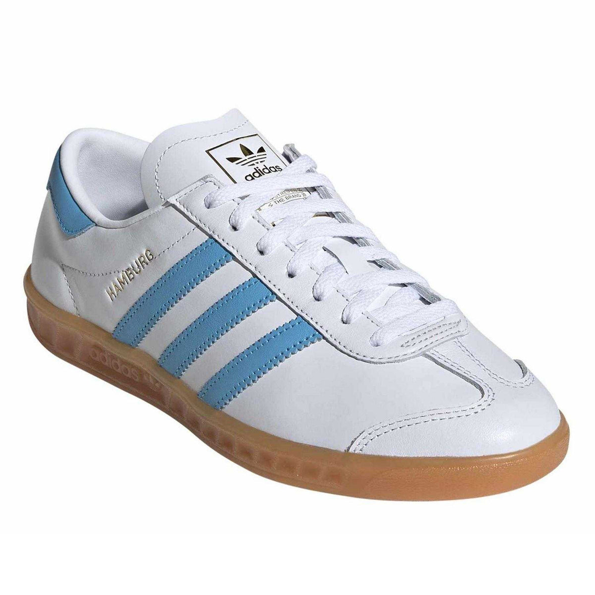 Cloud White-Sky-Rush - Pack Shot - Adidas Womens-Ladies Hamburg 3 Stripes Leather Trainers