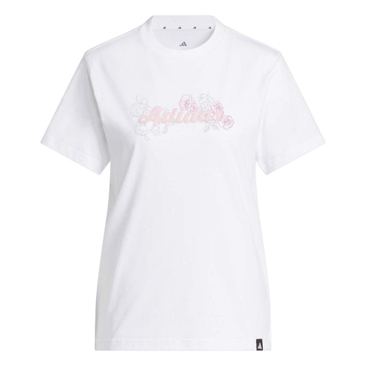 White - Front - Adidas Womens-Ladies Floral Logo T-Shirt