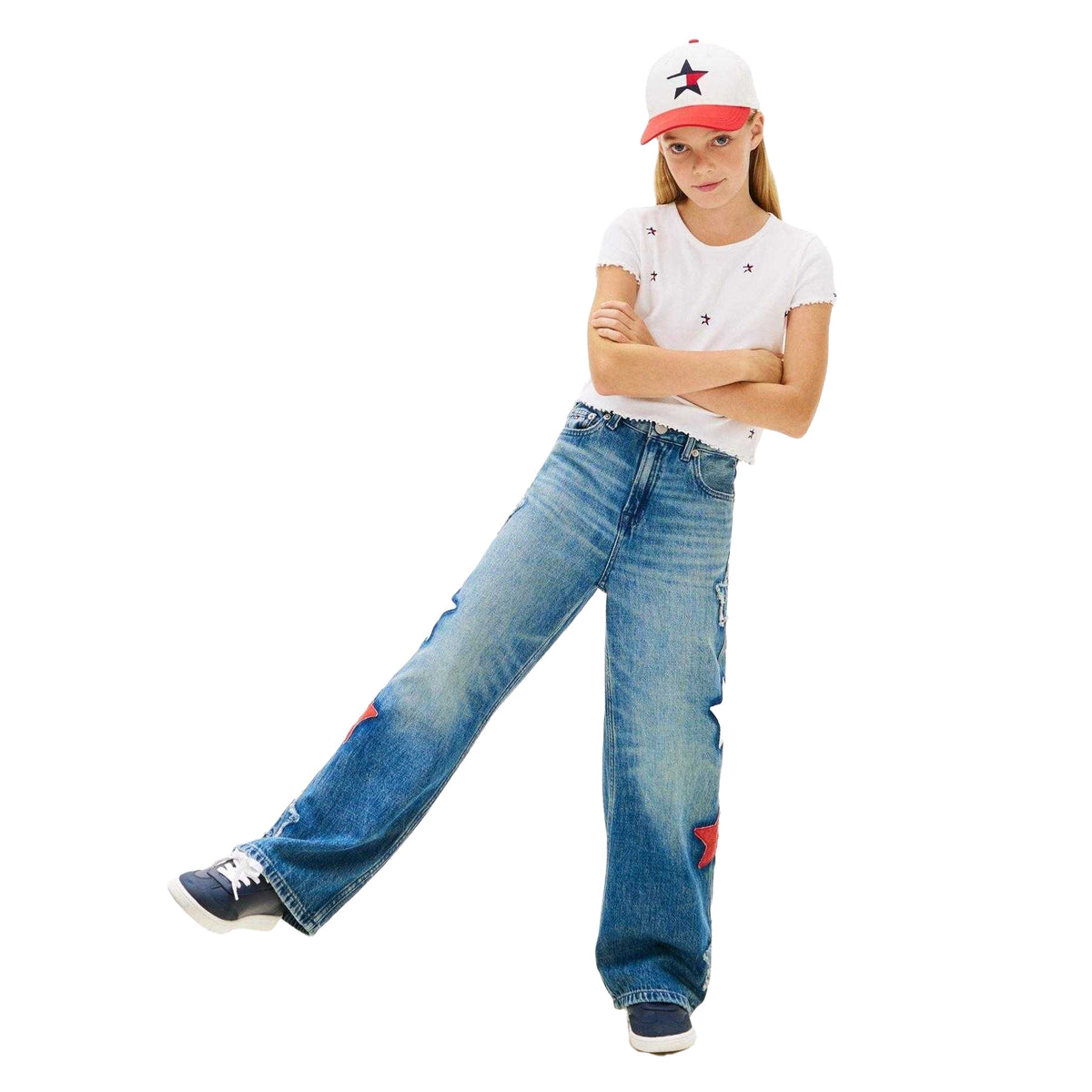 White - Pack Shot - Tommy Hilfiger Girls Star Ribbed T-Shirt