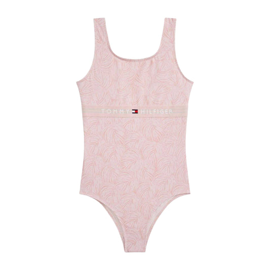 Palm Pink - Front - Tommy Hilfiger Girls Leaf Print One Piece Swimsuit
