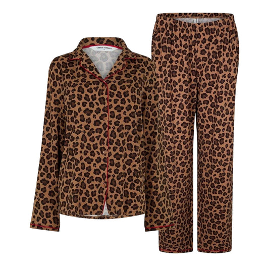 Brown-Black - Front - Urban Threads Womens-Ladies Leopard Print Pyjama Set