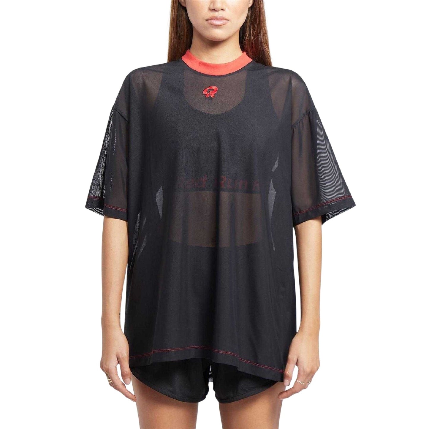 Black - Side - Red Run Womens-Ladies Inky Mesh Oversized T-Shirt
