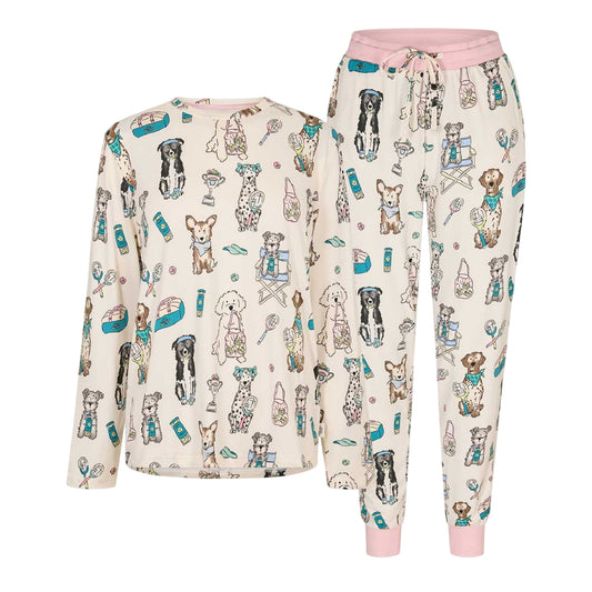 Tan - Front - Chelsea Peers Womens-Ladies Tennis Dogs Recycled Polyester Pyjama Set