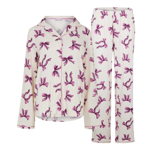 White-Purple - Front - Urban Threads Womens-Ladies Bow Long Pyjama Set