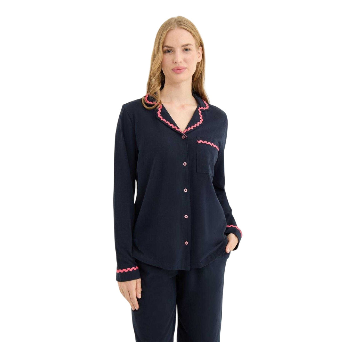 Navy - Side - Chelsea Peers Womens-Ladies Wavy Contrast Trim Long Pyjama Set