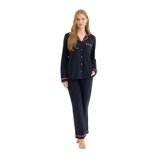 Navy - Front - Chelsea Peers Womens-Ladies Wavy Contrast Trim Long Pyjama Set