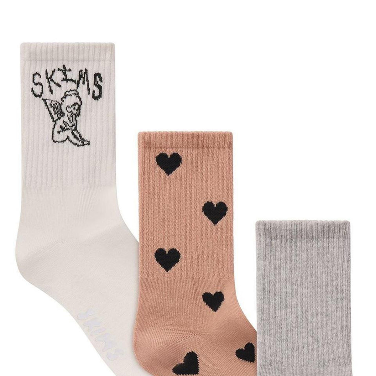 White-Brown-Grey - Side - Skims Womens-Ladies Heart Ribbed Crew Socks (Pack of 3)