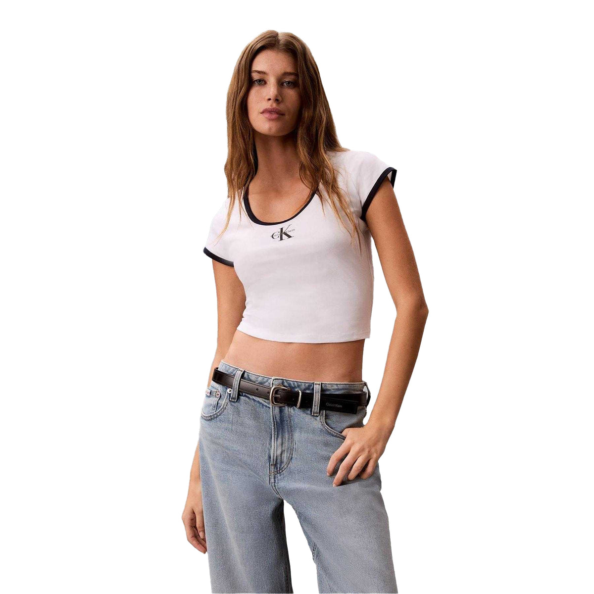 Bright White - Pack Shot - Calvin Klein Womens-Ladies Ringer Cropped T-Shirt