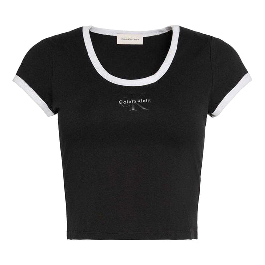 Black - Front - Calvin Klein Womens-Ladies Ringer Cropped T-Shirt