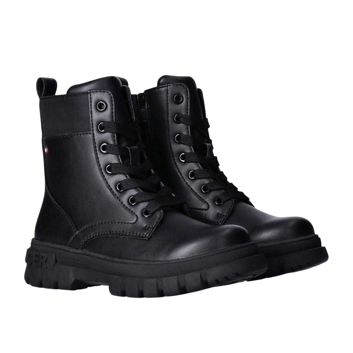 Black - Lifestyle - Tommy Hilfiger Girls Leather Lace Up Zipped Biker Boots