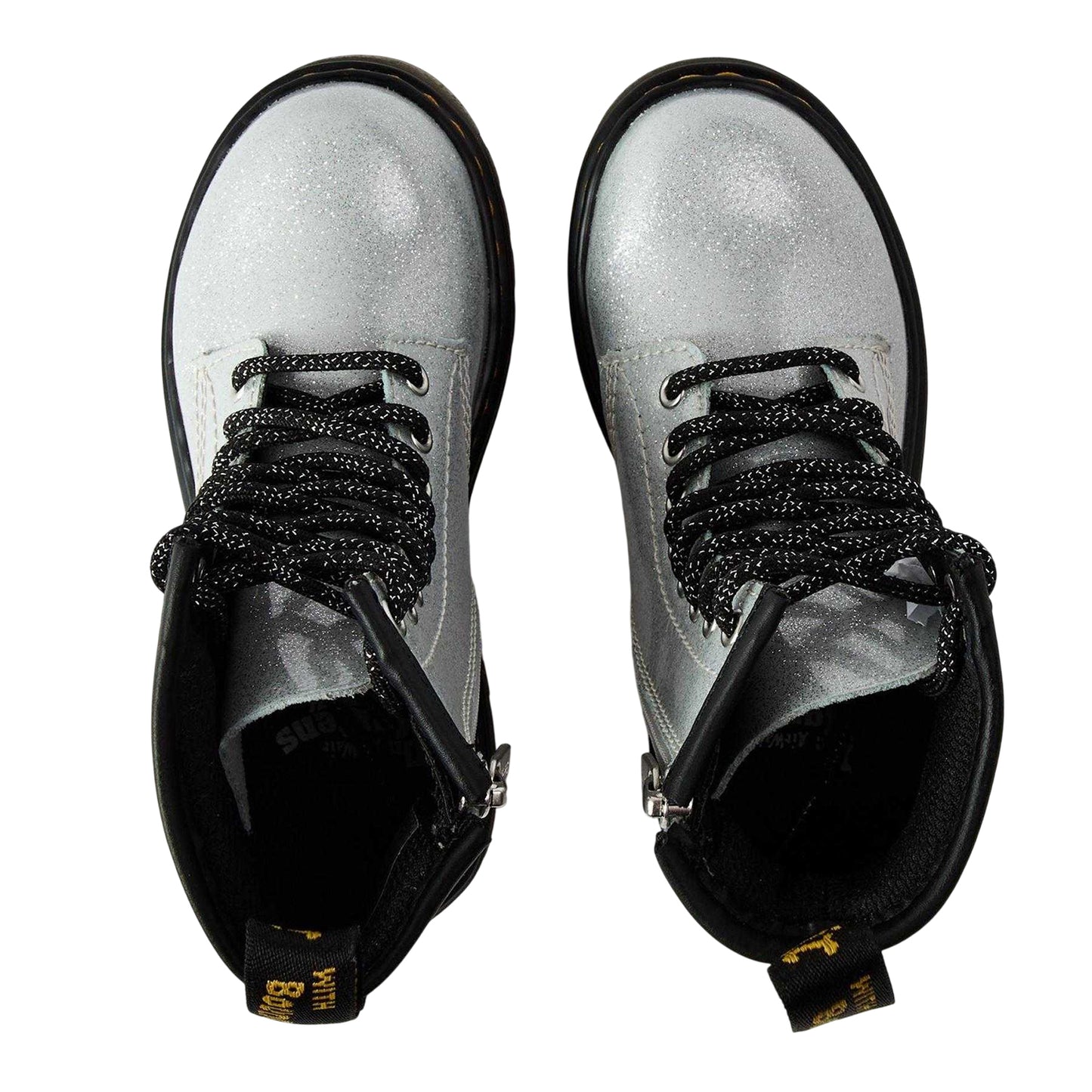 Silver - Side - Dr Martens Childrens-Kids Glitter Leather Lace Up Biker Boots