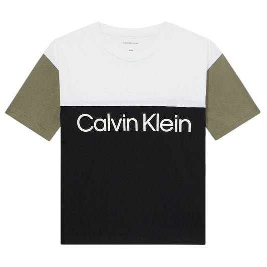 Black-Green-White - Front - Calvin Klein Childrens-Kids Colour Block T-Shirt