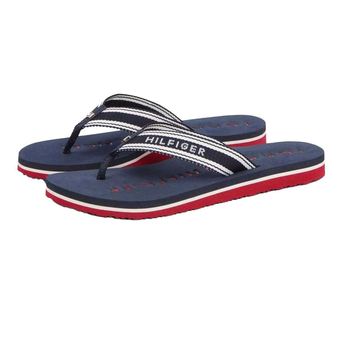 Red-White-Blue - Pack Shot - Tommy Hilfiger Womens-Ladies Text Flat Flip Flops