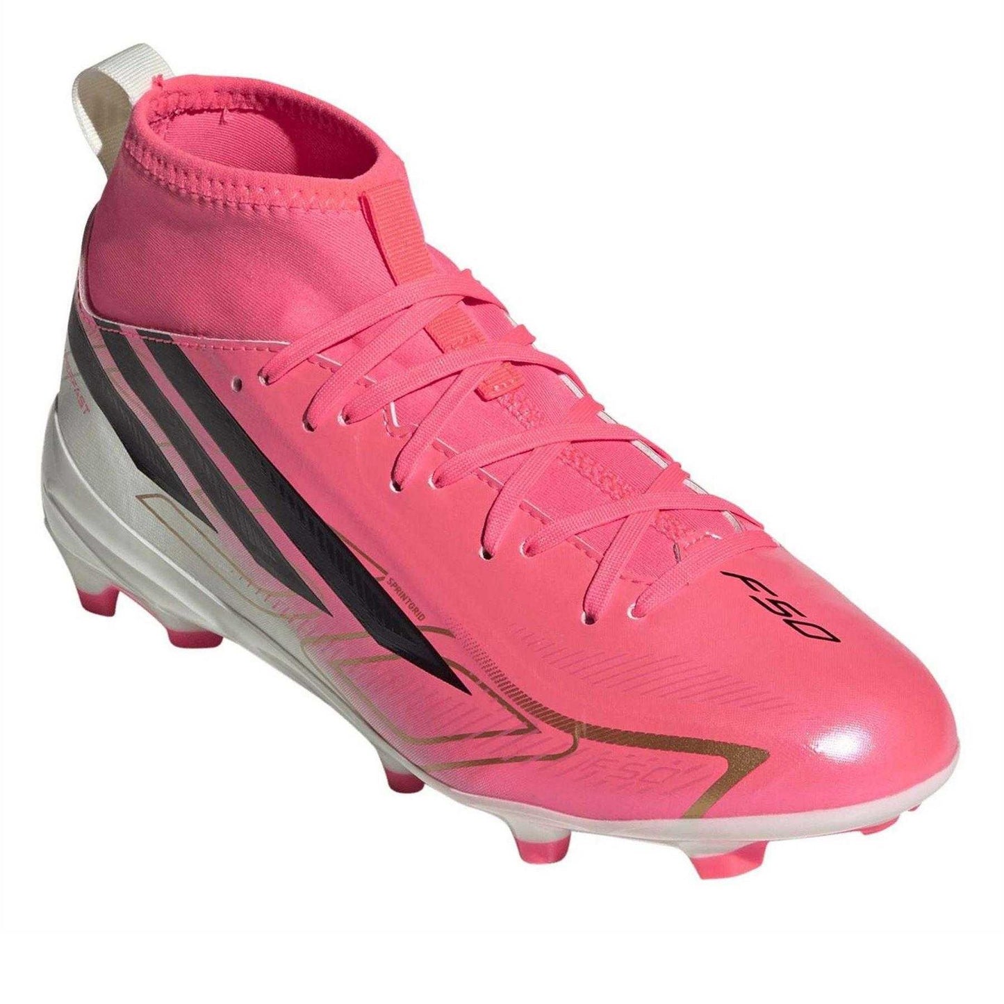 Pink-White - Pack Shot - Adidas Childrens-Kids League Multi Ground Mid Cut Football Boots