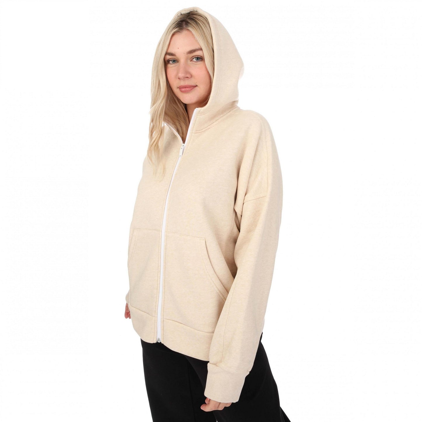 Beige - Lifestyle - Adidas Womens-Ladies Studio Lounge Fleece Full Zip Hoodie
