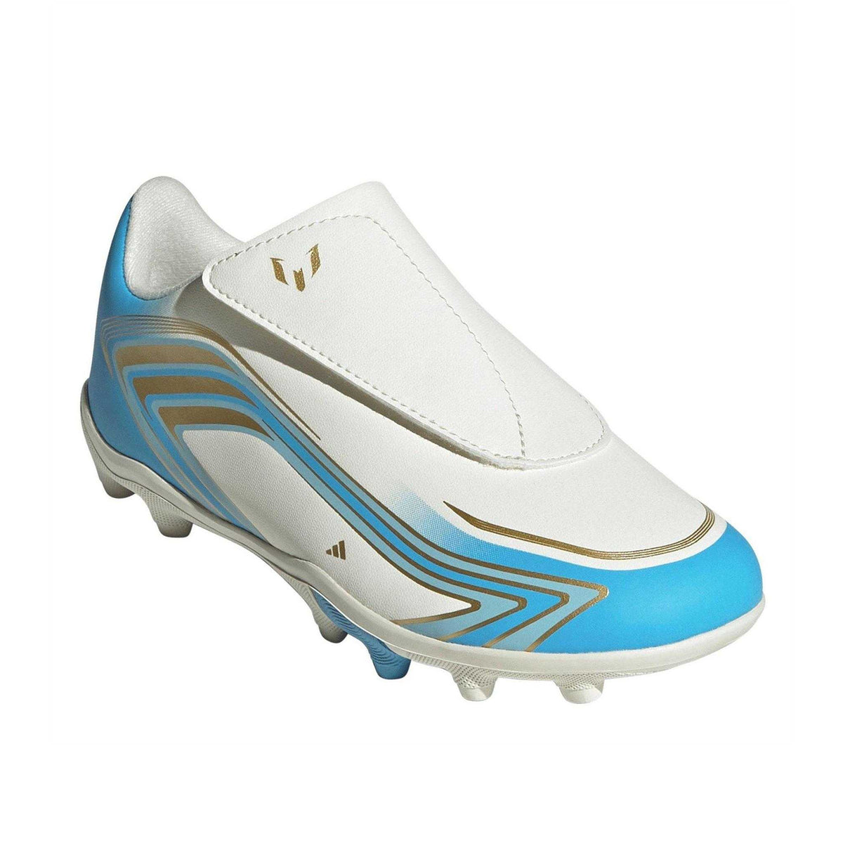 Cream-Blue-Gold - Pack Shot - Adidas Childrens-Kids F50 Laceless Firm Ground Football Boots