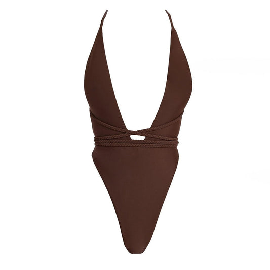 Chocolate - Front - Mars The Label Womens-Ladies Fishtail Plain Plunge One Piece Swimsuit