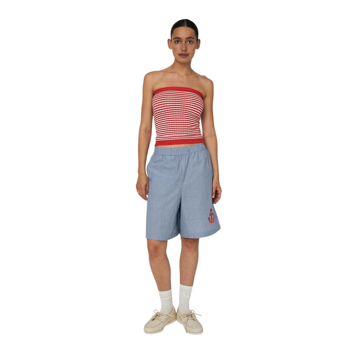Nova-Blue - Side - Stella Nova Womens-Ladies Embroidered Logo Stripes Shorts
