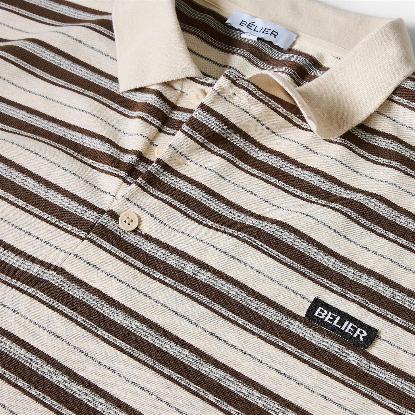 Ecru-Brown - Side - Belier Mens Stripe Long-Sleeved Polo Shirt
