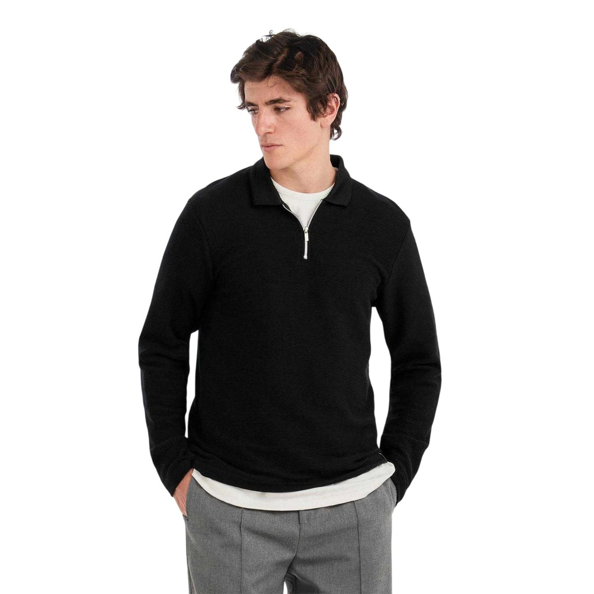 Black - Lifestyle - Prevu Mens Ottoman Quarter Zip Long-Sleeved Polo Shirt