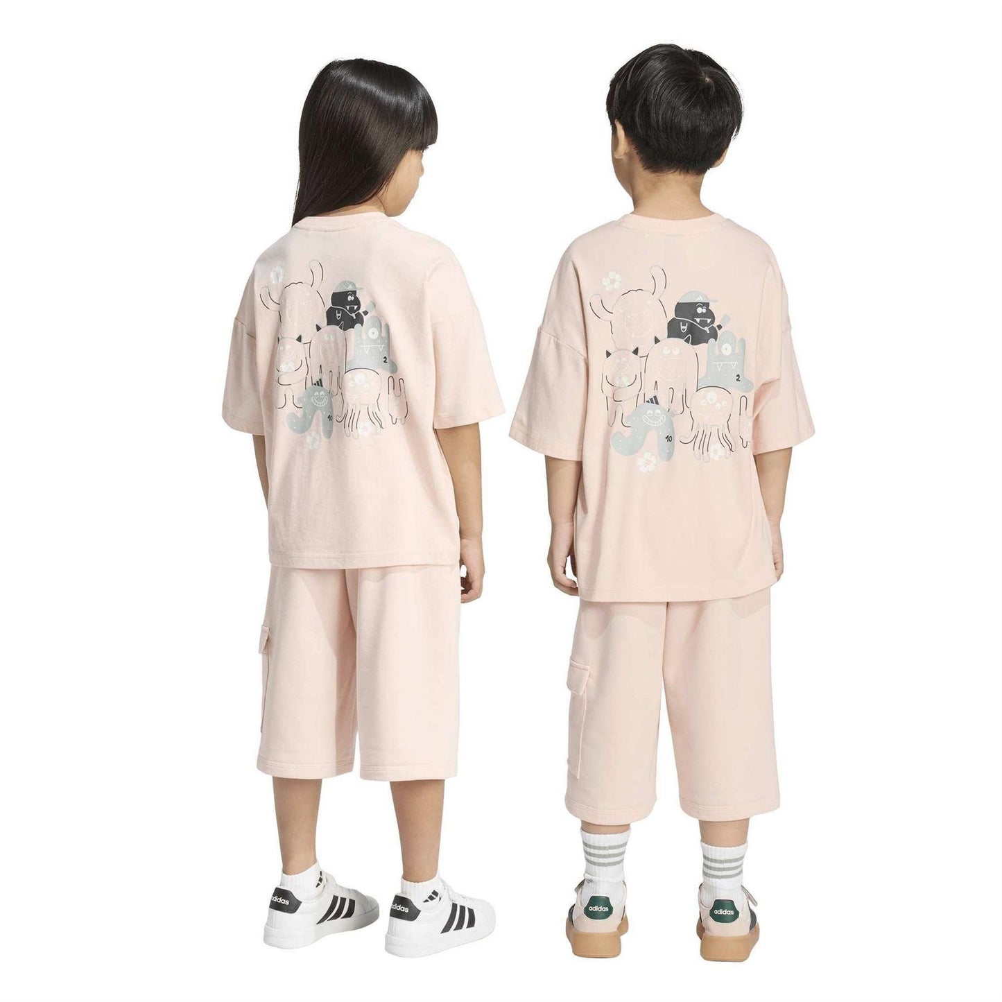 Blush Pink-White - Pack Shot - Adidas Childrens-Kids Tiro_Nster T-Shirt & Shorts Set