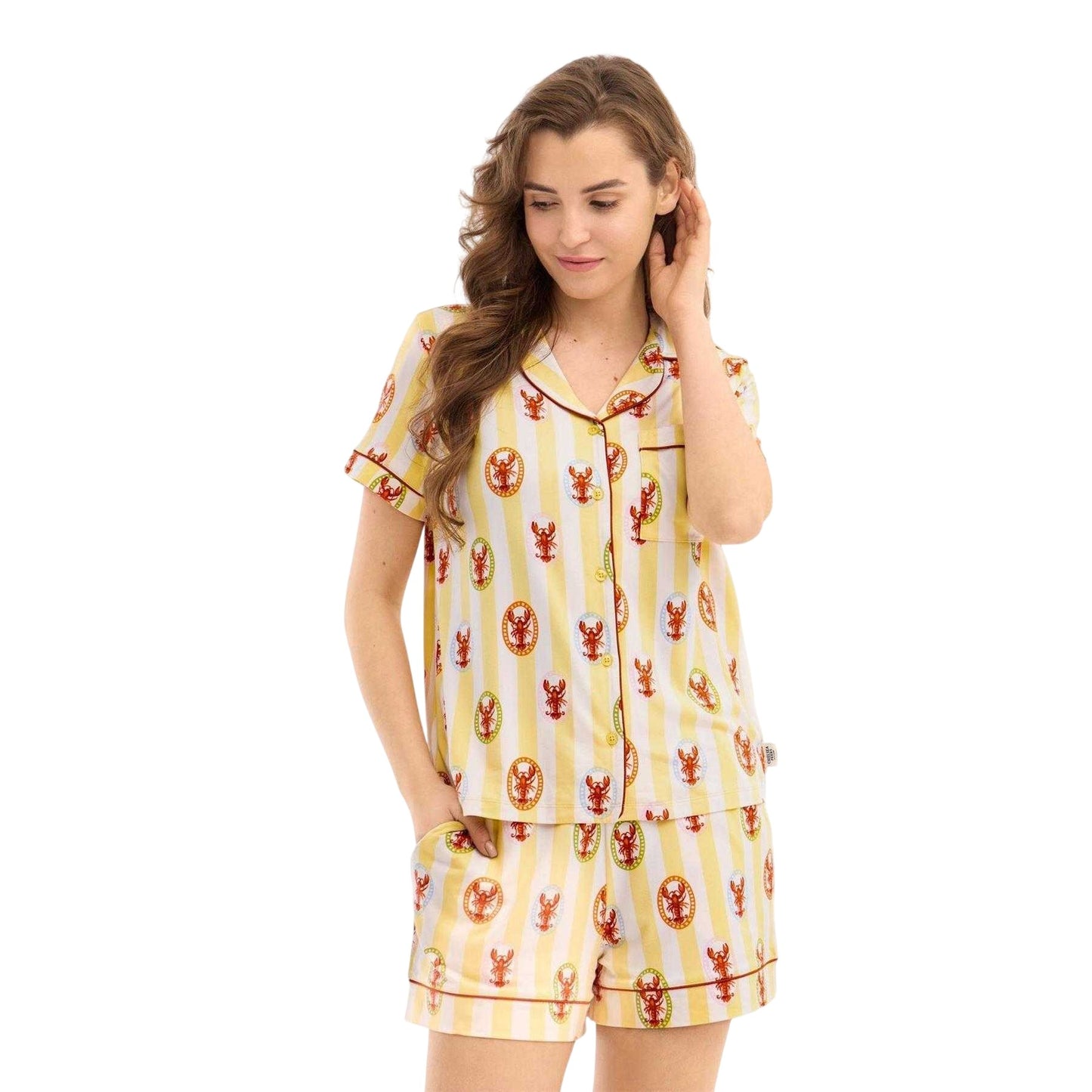Yellow - Pack Shot - Chelsea Peers Womens-Ladies Lobster Stripes Short Pyjama Set