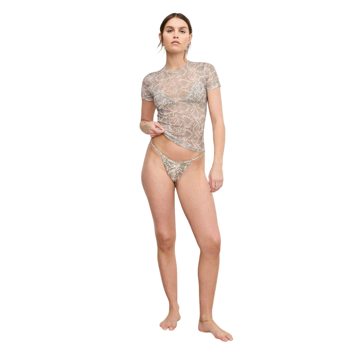 Beige - Side - Good American Womens-Ladies Snake Print Mesh Slim T-Shirt