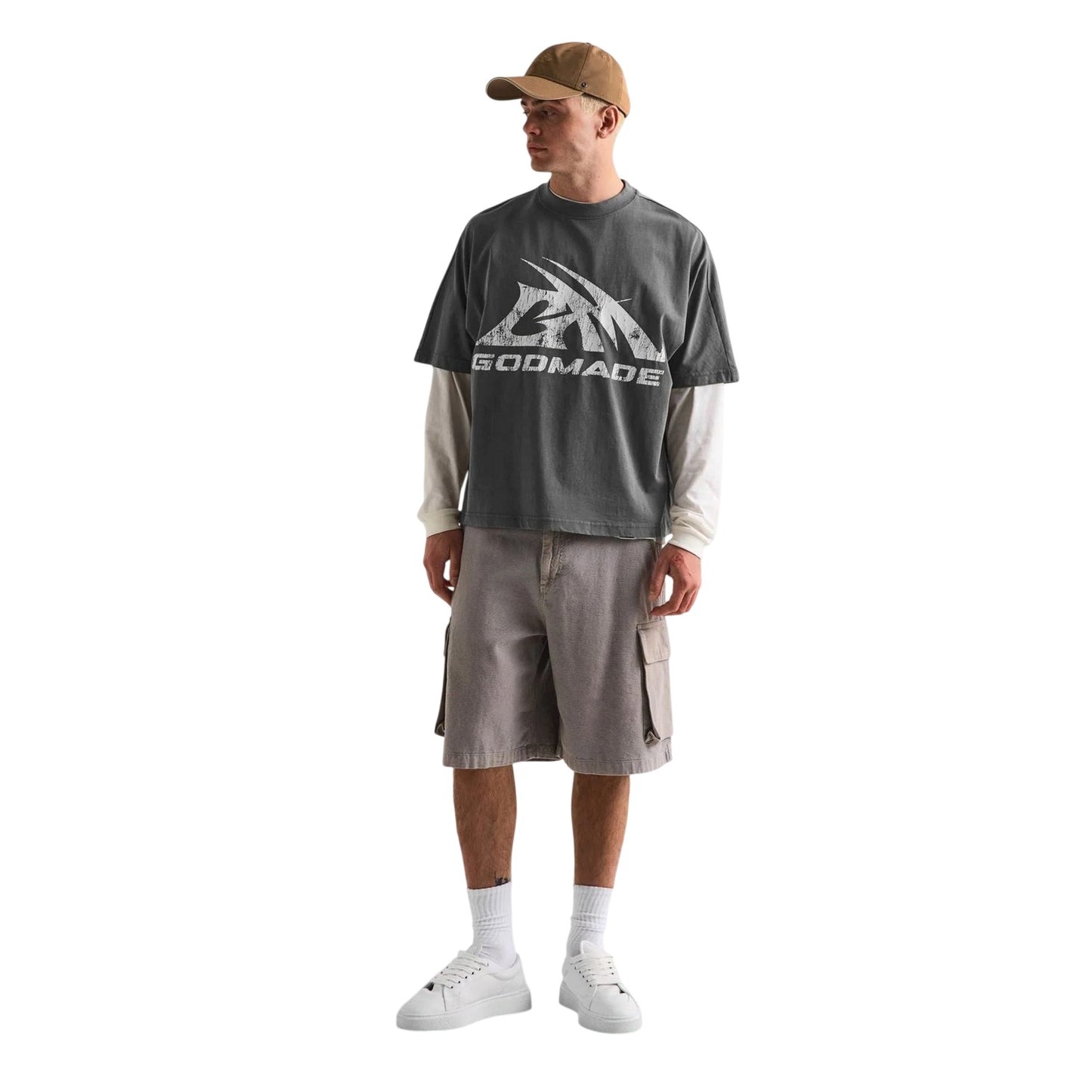 Washed Grey - Close up - GodMade Mens Logo Cotton Regular T-Shirt
