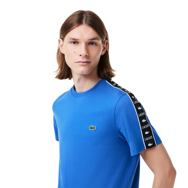 Blue - Side - Lacoste Mens Logo Cotton Jersey Stripes T-Shirt