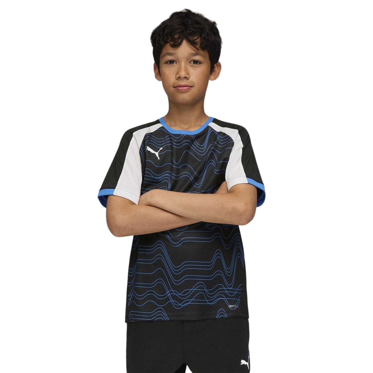 Black-White-Ultramarine Blue - Close up - Puma Childrens-Kids Individualliga Football T-Shirt